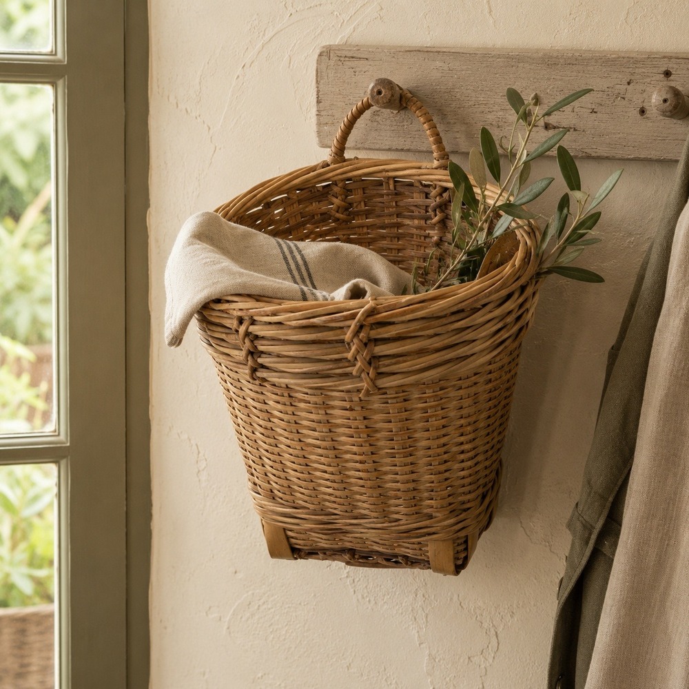 Vintage Hanging Wicker Wall Basket English Cottage Entryway Storage Basket